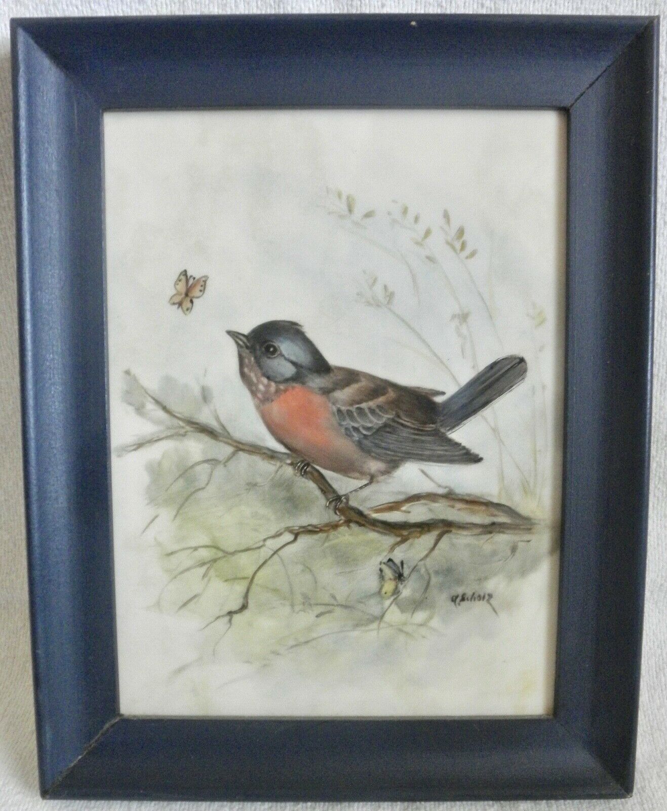 hand painted porcelain plaque bird and butterfly   by G. Scholz