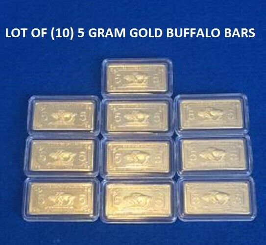 Lot of 10- 5 GRAM GOLD BUFFALO BULLION BARS 100 MILLLS .999 FINE 24K BULLION BAR