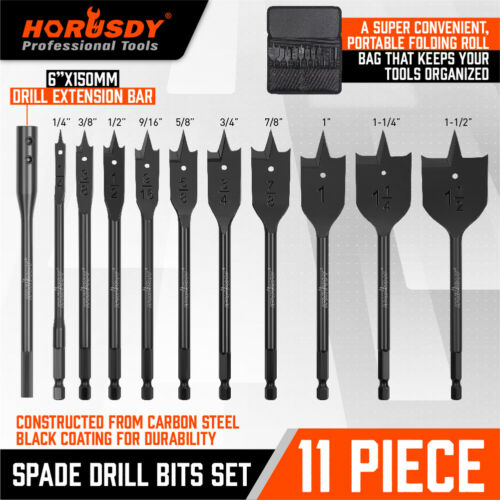 11pc Pro Spade Drill Bit Set Paddle Wood Boring Flat Woodworking 1/4