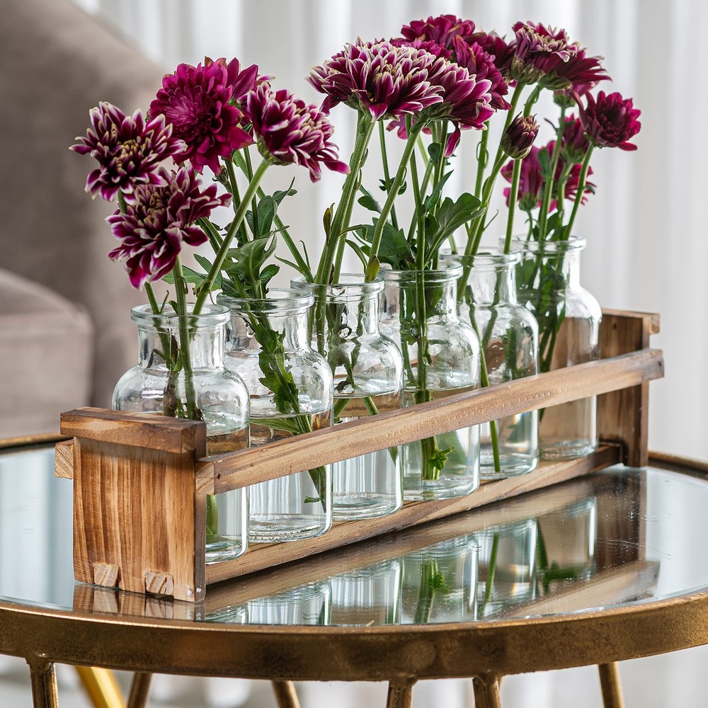 Elegant Glass Flower Vase with Wooden Stand & 6 Bud Vases