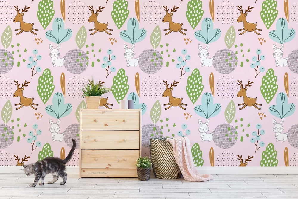 3D Deer Rabbit Plant Cartoon Pattern Wall Murals Wallpaper Murals Wall Sticker