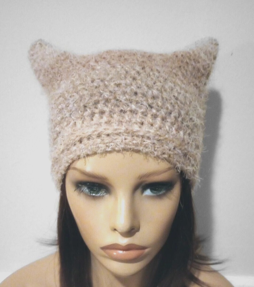 handmade crochet womans hat kitty cat ears coconut crème brown USA made