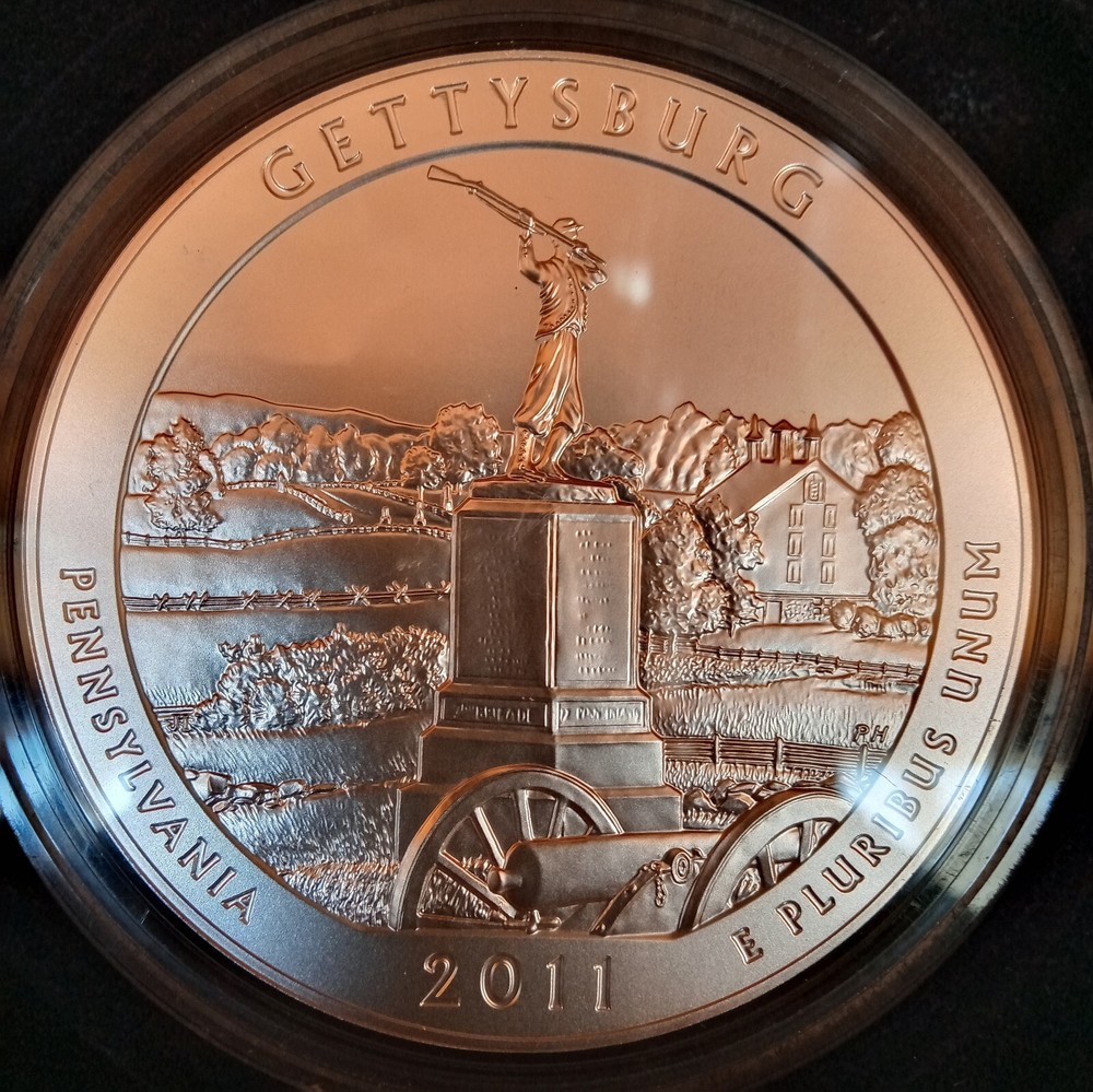 2011 P - Gettysburg Nat. Park - ATB - 5 oz Silver Coin - Mint Box & COA - .999
