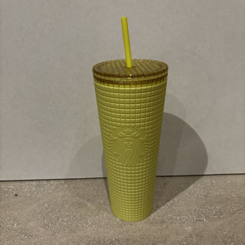NEW Starbucks 24 oz Meadow Yellow Soft Touch Grid Tumbler Cold Cup Coffee
