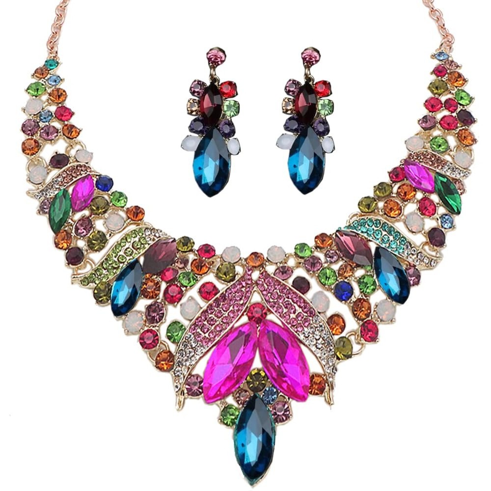 Sparkling Rhinestone Crystal Rib Statement Necklace and Chunky Collar Earrings Set