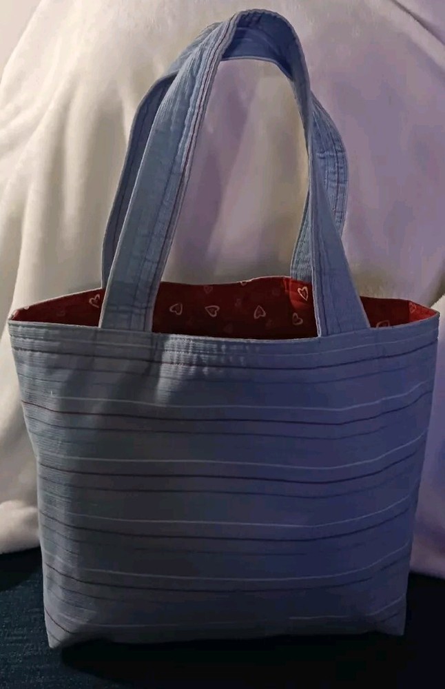 Corduroy Blue Striped Hand Shoulder Bag Red Heart Interior With Pocket