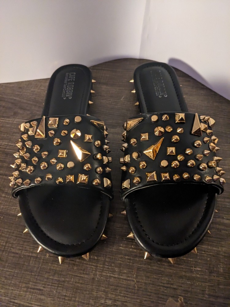 Cape Robbin Womens Tonie Studded Slide Sandals Black Gold Size 10M