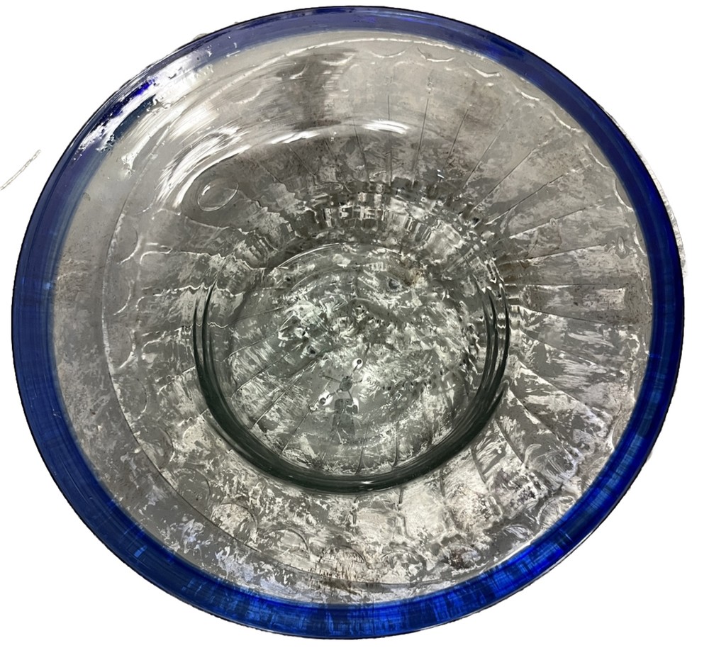 Handblown Cobalt Blue Rim Glass Bowl 11” Mexican Serving Dish for Fruit Chips Salsa