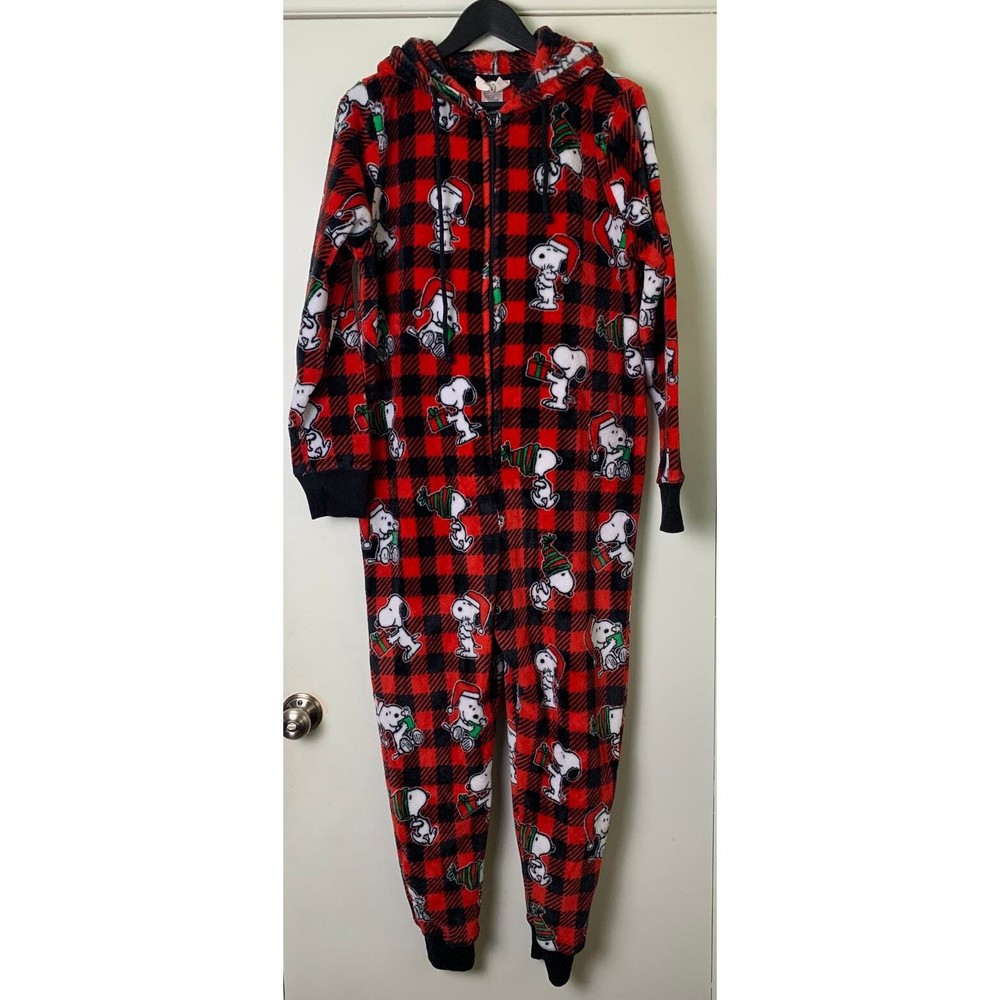 Snoopy Munki Munki Peanuts Buffalo plaid Hooded  Pajamas One Piece L