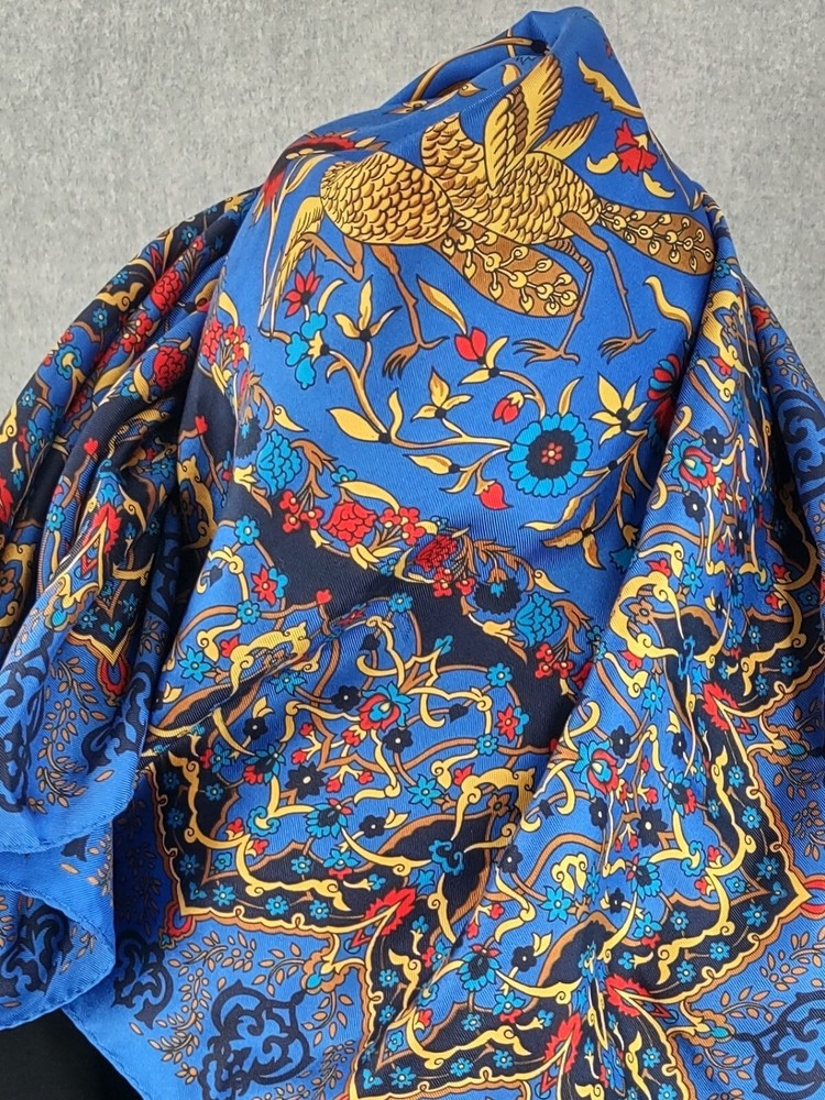 Vintage Carole Barrot Paris 30x30  Foulard Vibrant Blue Hand Rolled Satin Scarf