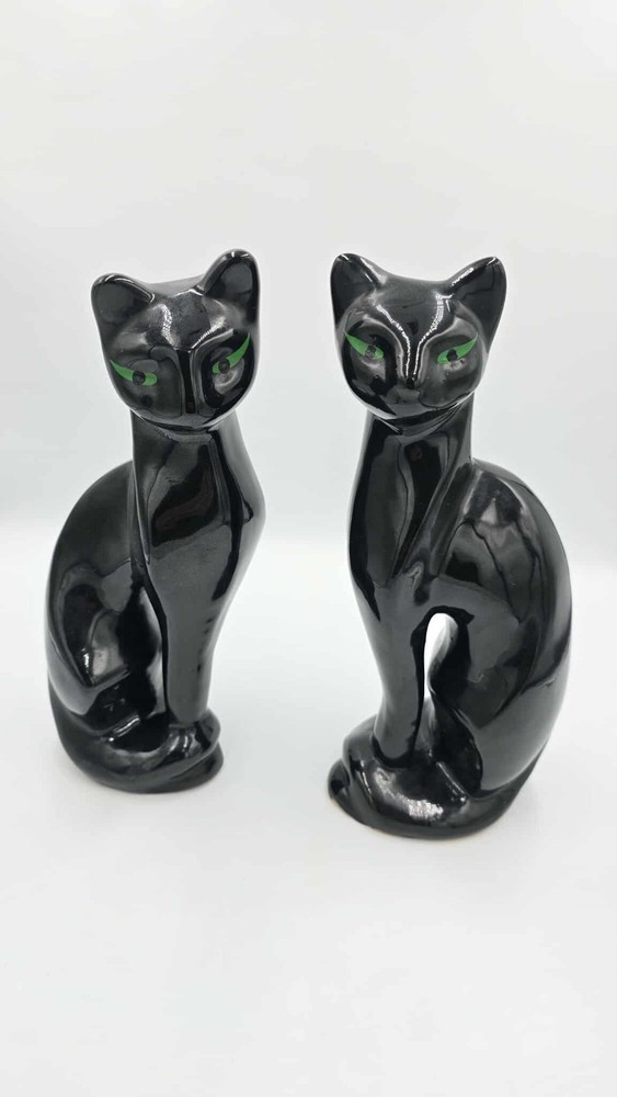 Pair of Ceramic Black Cats Figurines MCM Siamese Cats with Green Eyes 11