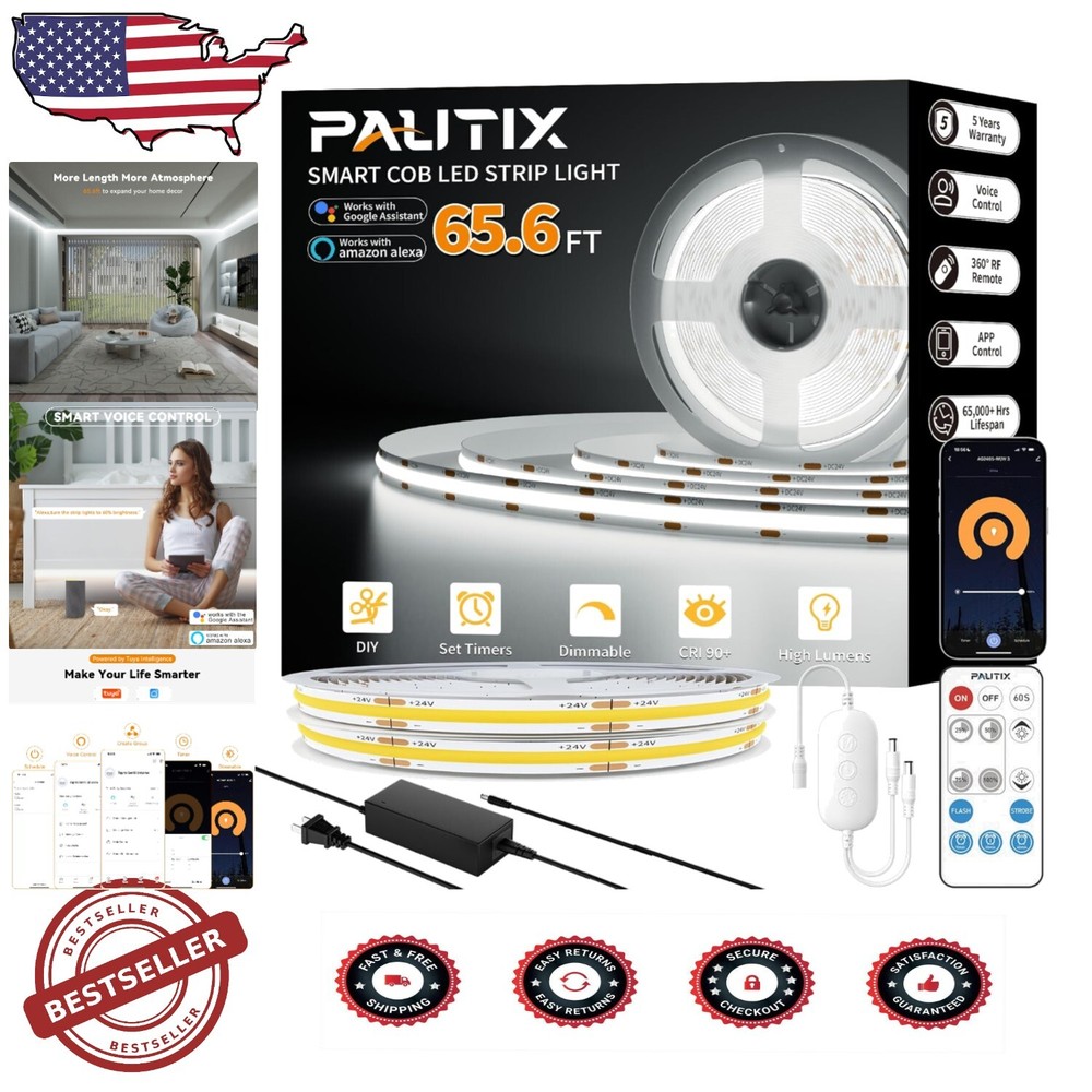 65.6ft COB LED Strip Light - Voice-Controlled, Dimmable, Daylight White 6000K