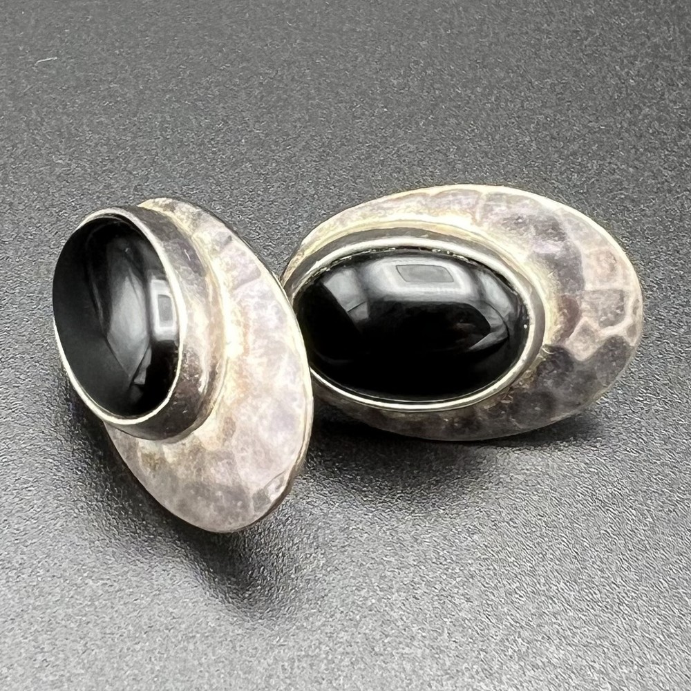 Sterling Silver 925 Signed Onyx Cabochon Stud Earrings