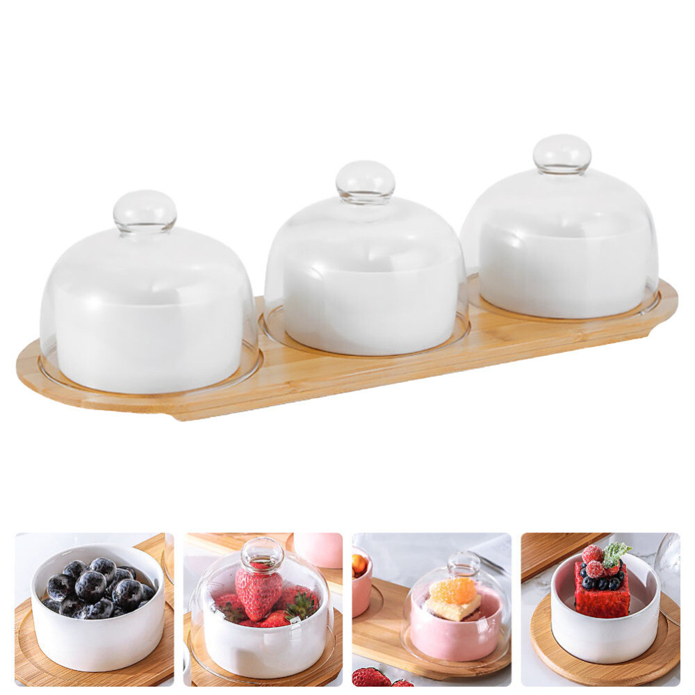 White Wooden Tray with Porcelain Lid Bowls Condiment Set and Domes Dessert Cup