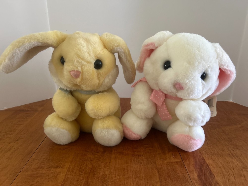 Vintage 1986 Dakin Lot Of 2 Tan White Pink Bunny Rabbit Plush 8