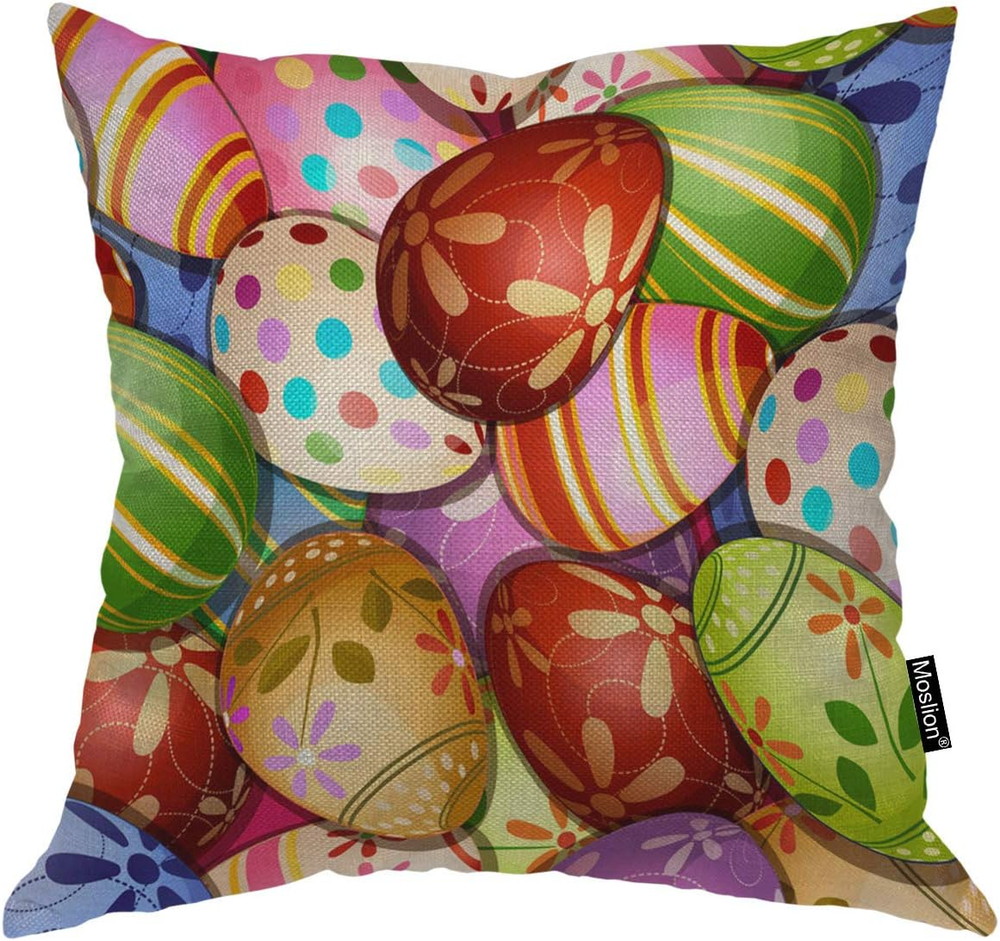 Colorful Easter Pillow Case with Eggs Flowers Leaves Polka Dots on Eggshell Design