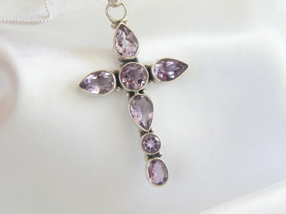 Vintage Sterling Silver 925 Natural Heated Amethyst Cross Pendant Necklace