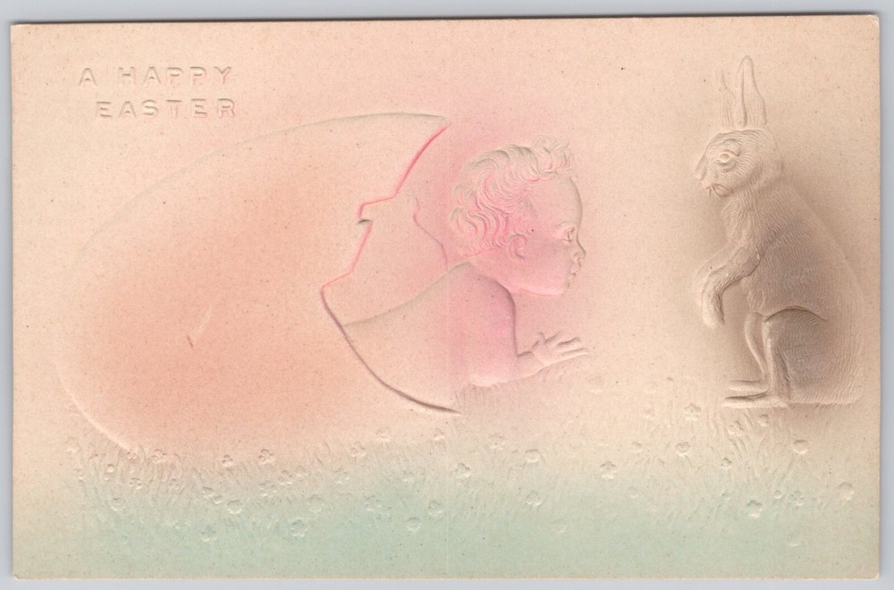Easter Greetings Divided Back Embossed Postcard Child in Giant Egg Rabbit