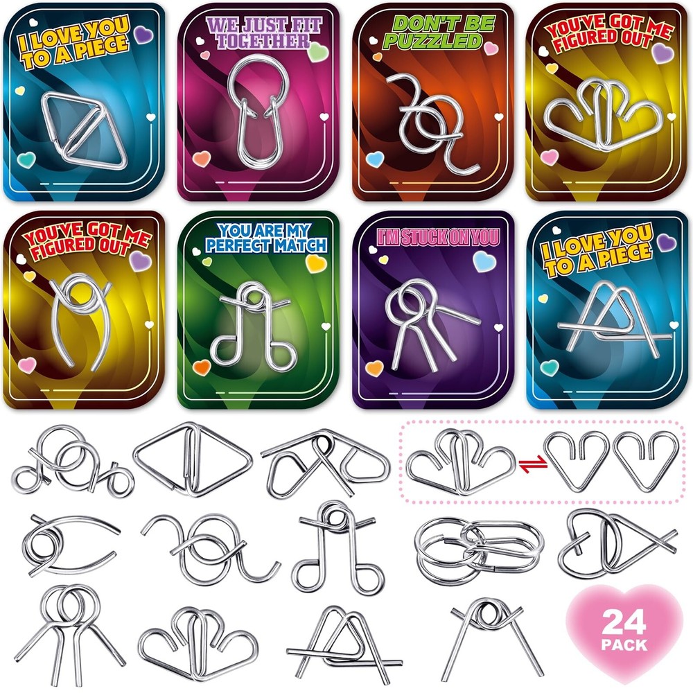24 Pack Valentine's Day Cards for Kids with Metal Brain Teaser Puzzles
