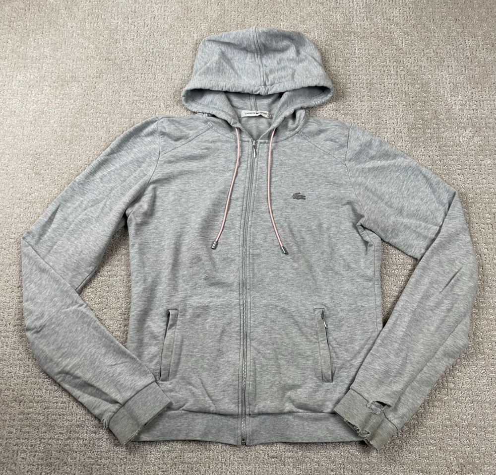 Lacoste Sport Hoodie Women Medium Gray Full Zip Drawstring Sweatshirt Distressed