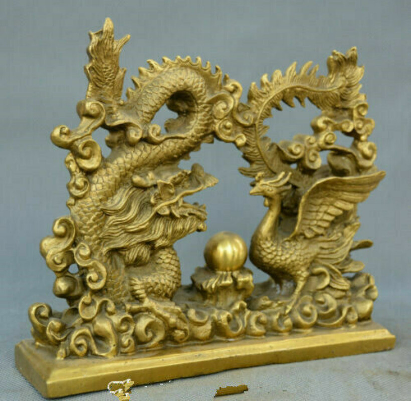 20.5cm Fengshui Bronze Phoenix Dragon Bead Statue Handcrafted in China