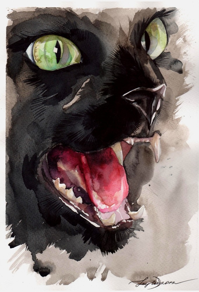 Original Watercolor Black Cat Painting Black Cat Wall Art