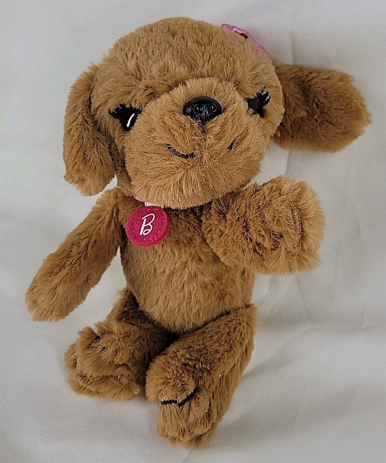 Barbie Great Puppy Adventure Plush Brown Dog Pink Collar And Bow Stuffed Toy 6”