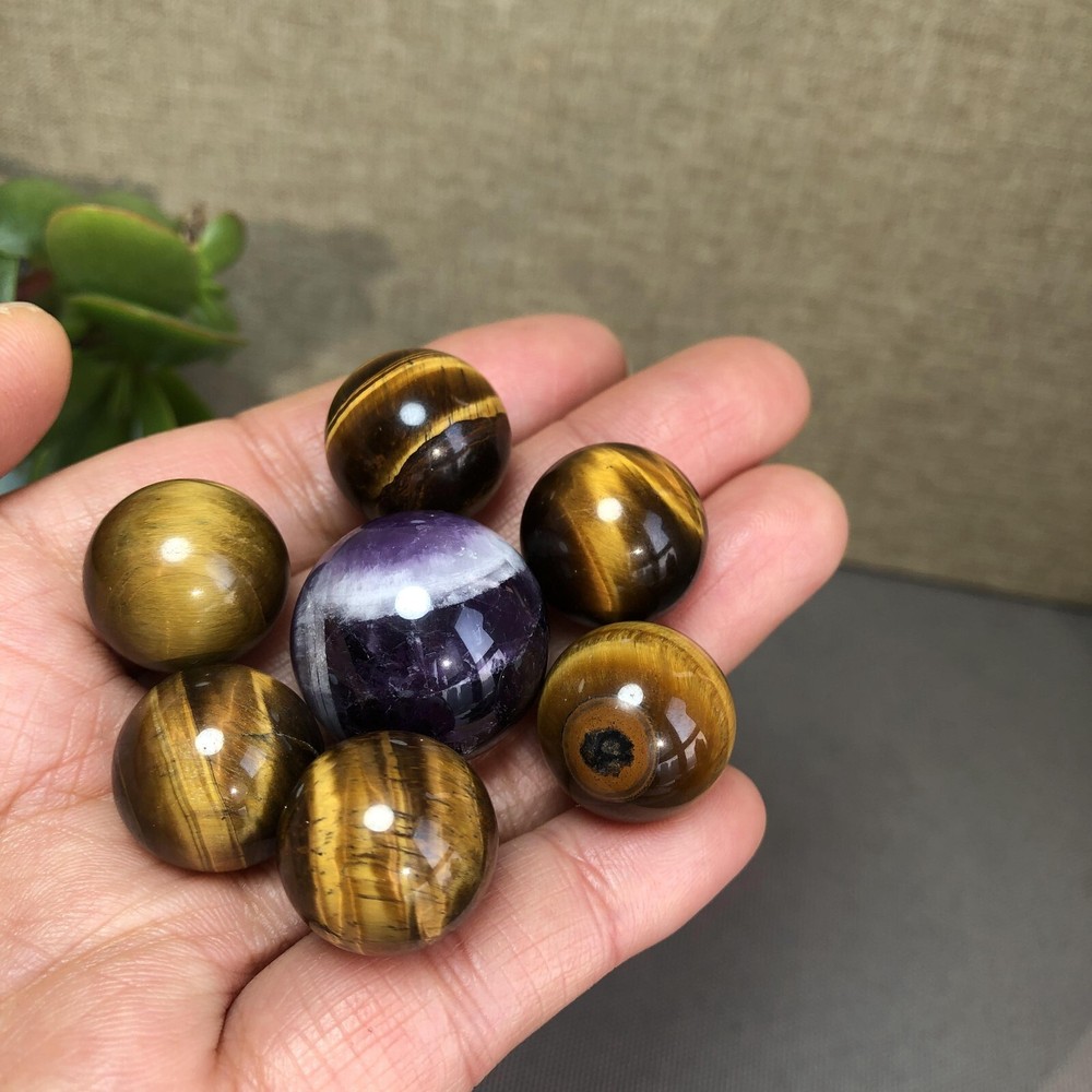 7Pcs Natural Amethyst Yellow Tiger Eye Crystal Balls 18-23mm Specimen 6759