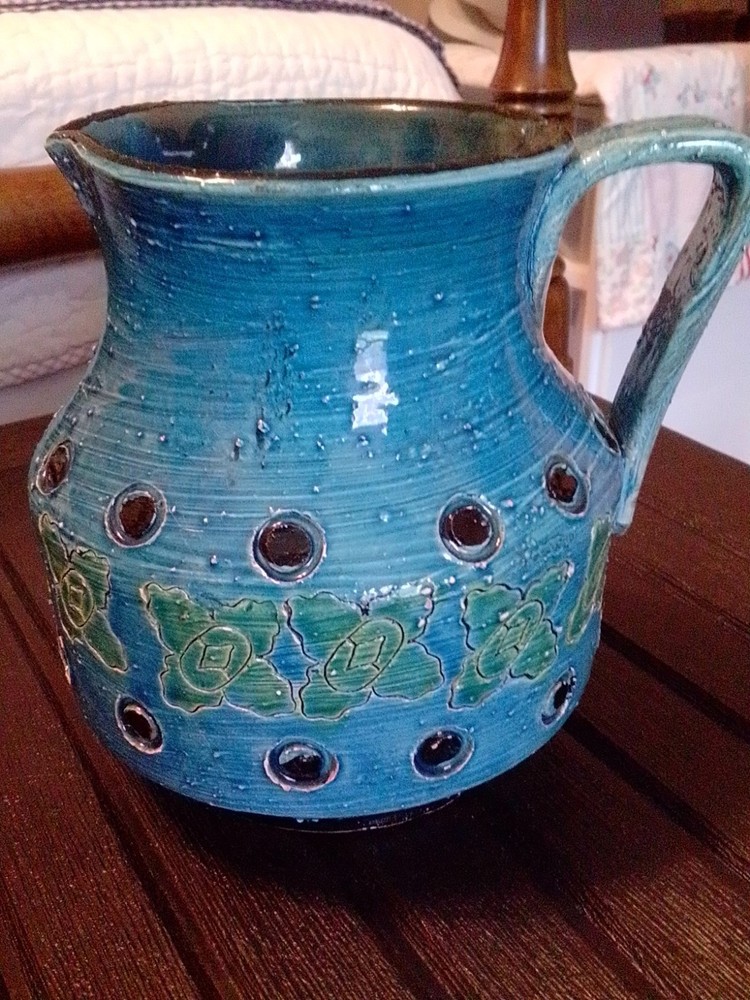 VTG Rare Mid Century Bitossi Pottery Pitcher Rimini Blue Italian Glaze Vase Made