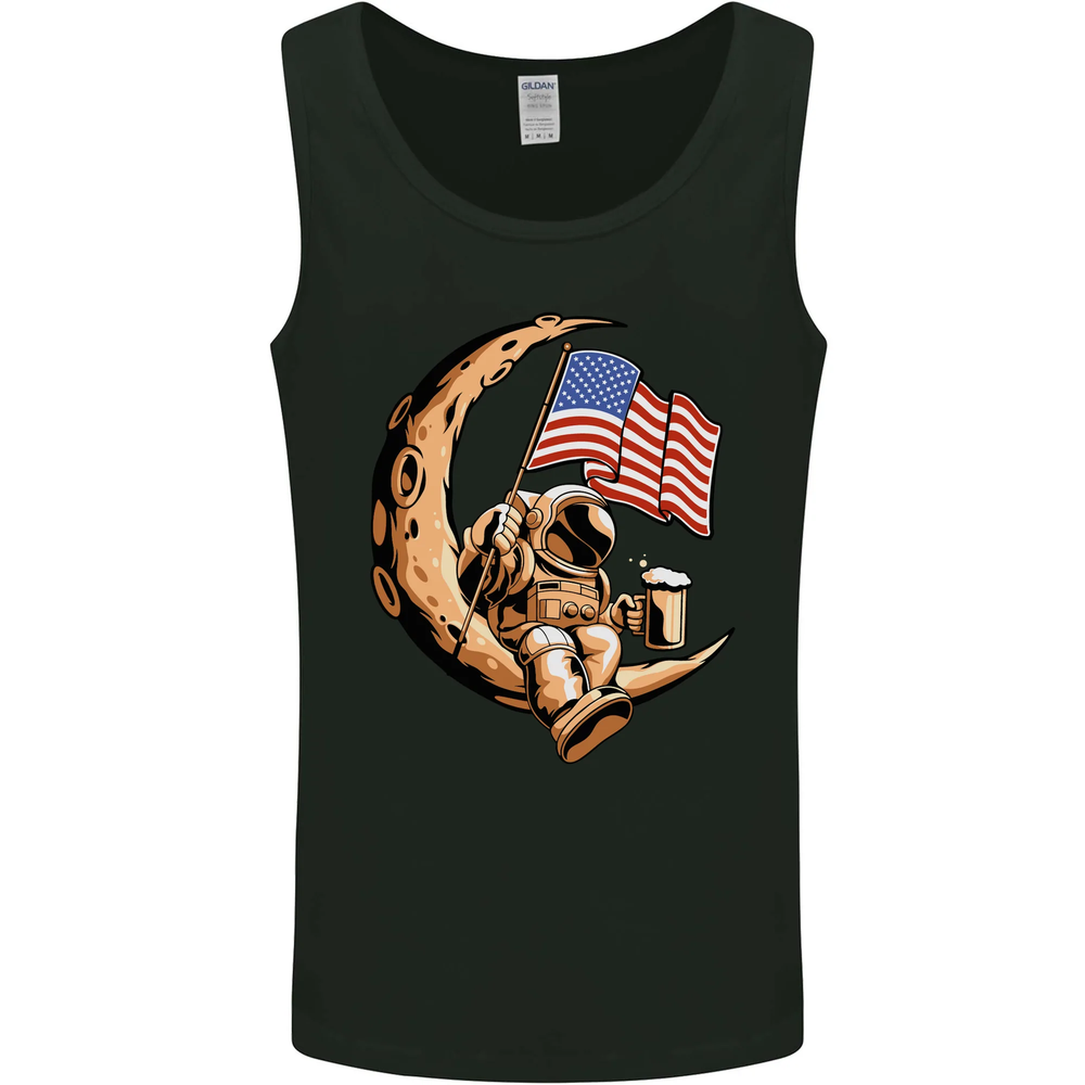 Beer Moon USA Flag Astronaut Space Alcohol Mens Vest Tank Top