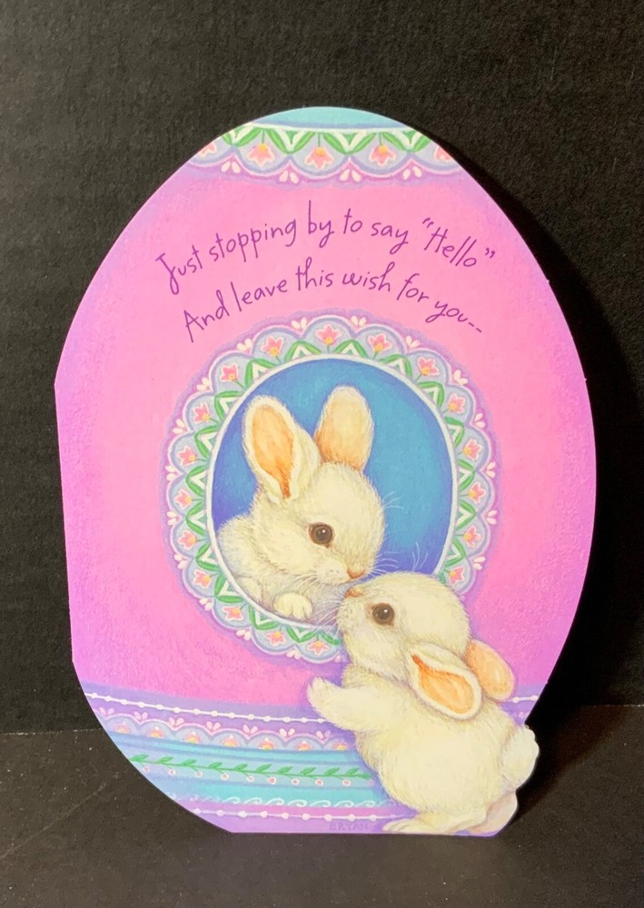 VTG DieCut Hallmark Easter Card Large Pink Egg 2 Sweet Bunny Rabbits