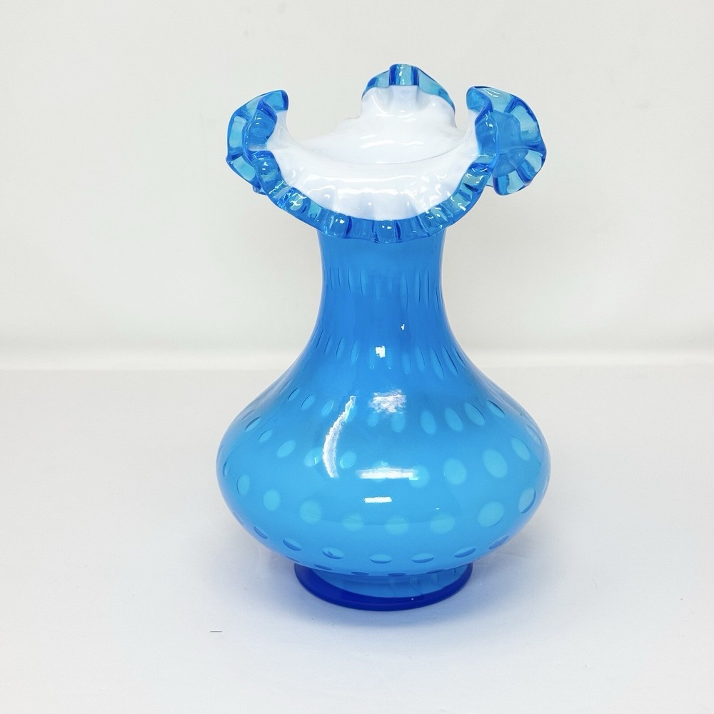 Fenton Blue Overlay Bubble Optic Ruffled Vase 8 Inch 1961