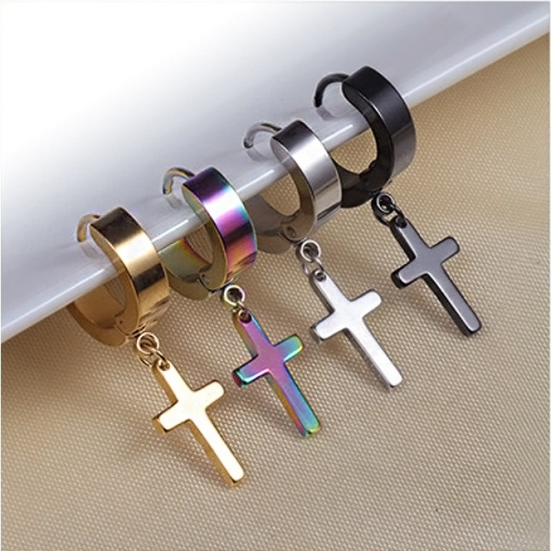 Stainless Steel Religious Cross Hoop Earrings - Multiple Colors Available