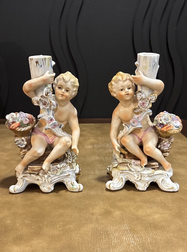 Pair Vintage Porcelain Putti Cherub Candlesticks Rococo Style Gilt