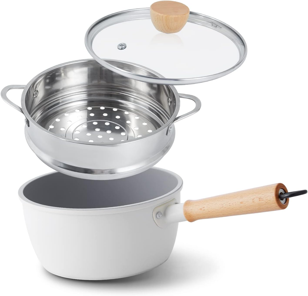 Ceramic Nonstick Sauce Pan, 3 QT Pot with Steamer, Non Toxic & PFAS-Free, Wooden