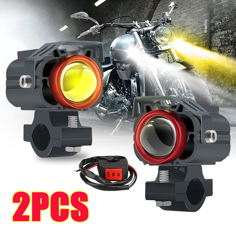 2PCS 90W LED Motorcycle Headlight Yellow White Hi/Lo Spot Light Driving Fog Lamp