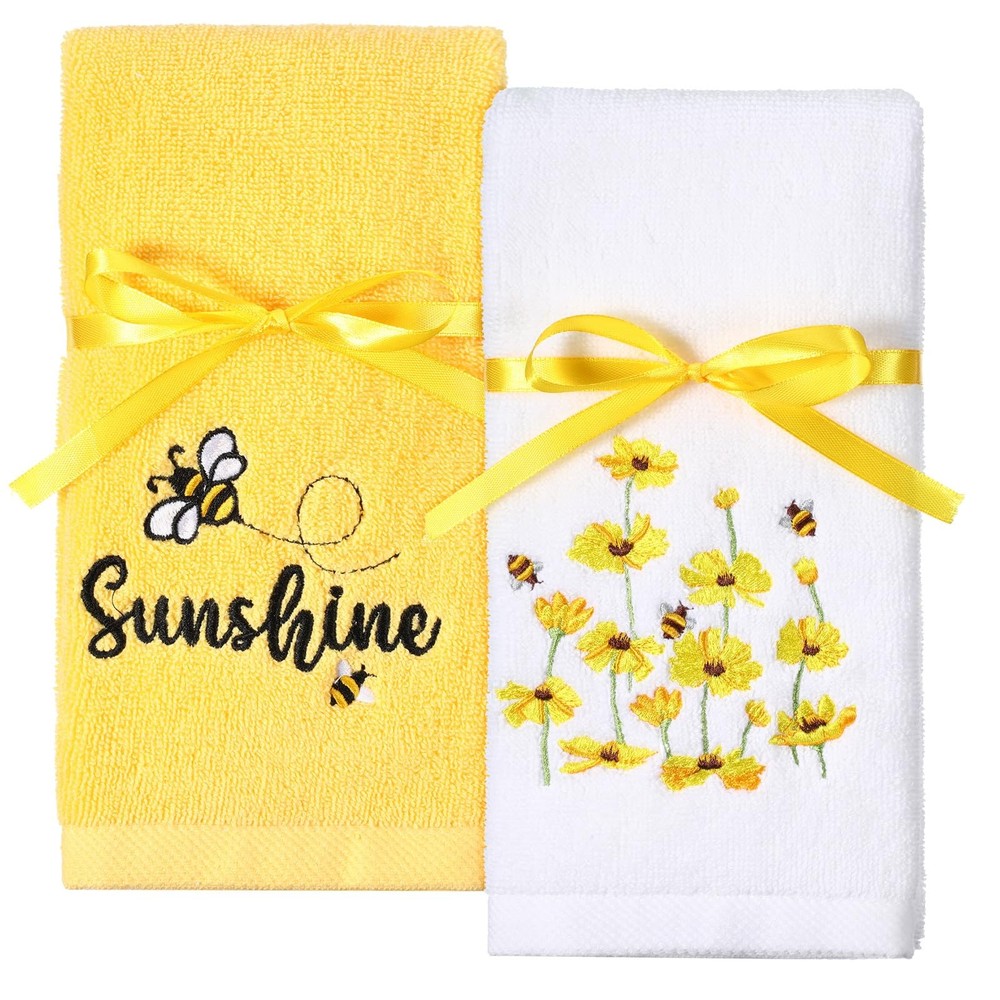 Set of 2 Yellow Bees Sun Flowers Bathroom Hand Towels Cotton Towels Kitchen S...