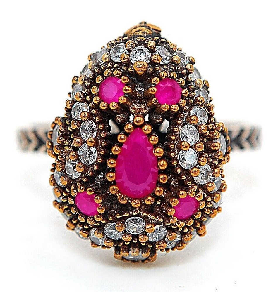 Exquisite 1CT Ruby Ottoman Empire Style 925 Sterling Silver Ring Size 7.5