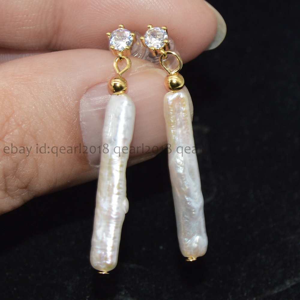 Natural White Baroque Freshwater Pearl Dangle Stud Earrings 5x25mm