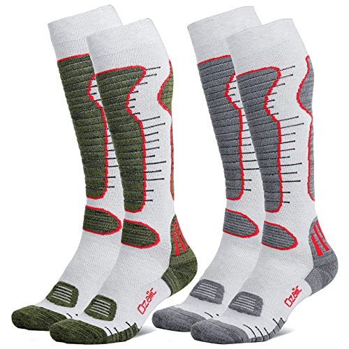 Merino Wool Ski Socks for Men Women 2 Pairs Grey Green Large Skiing