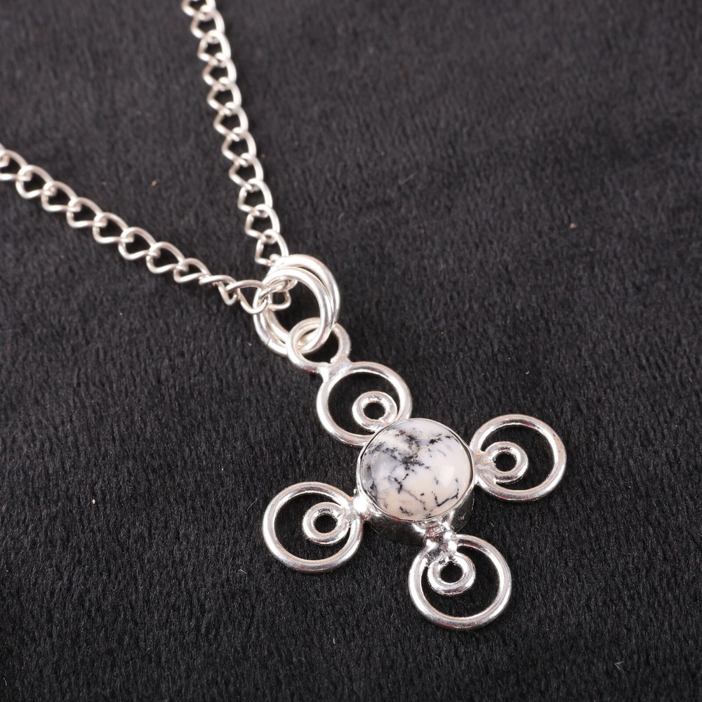 Round Cut Dendritic Opal Stone 925 Sterling Silver Sister Bezel Pendant Jewelry
