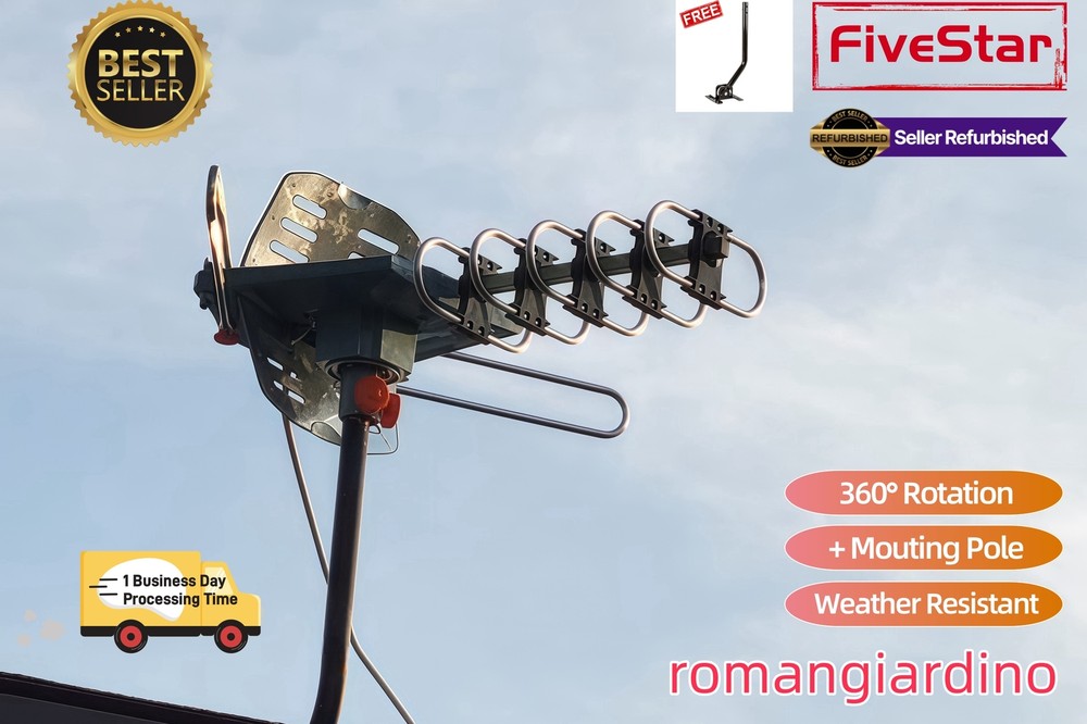 200-Mile Motorized Outdoor HDTV Antenna with Pole & Amplifier for 4K-image