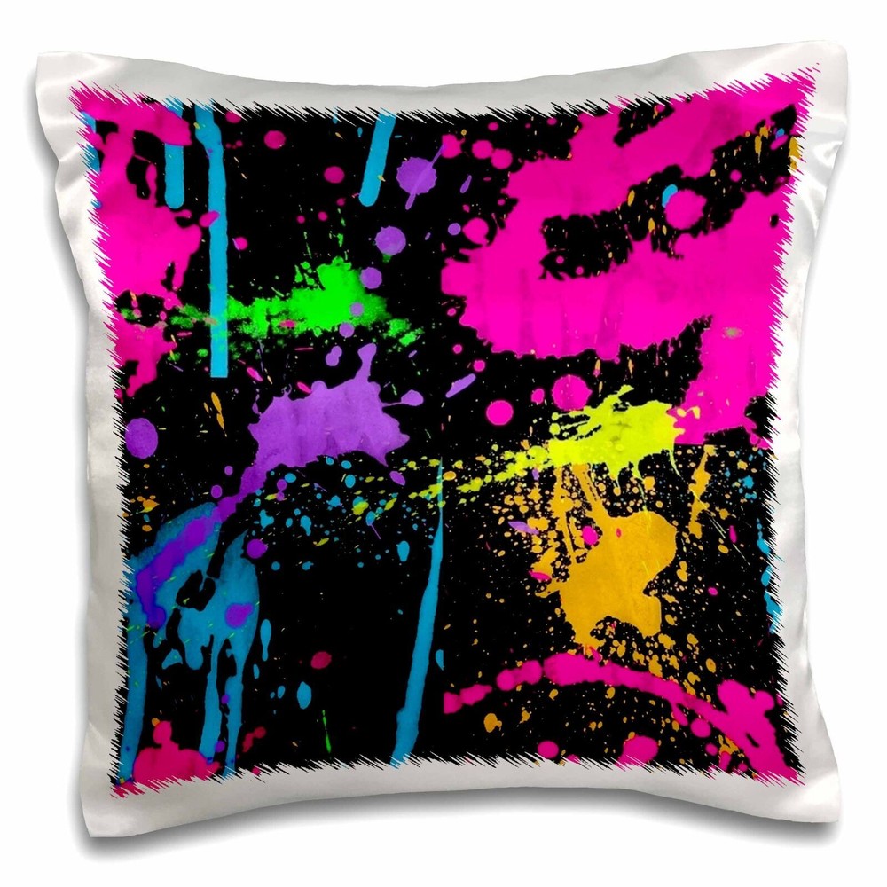3dRose 16x16 Pillow Case with Neon Paint Splatter Print on Black  