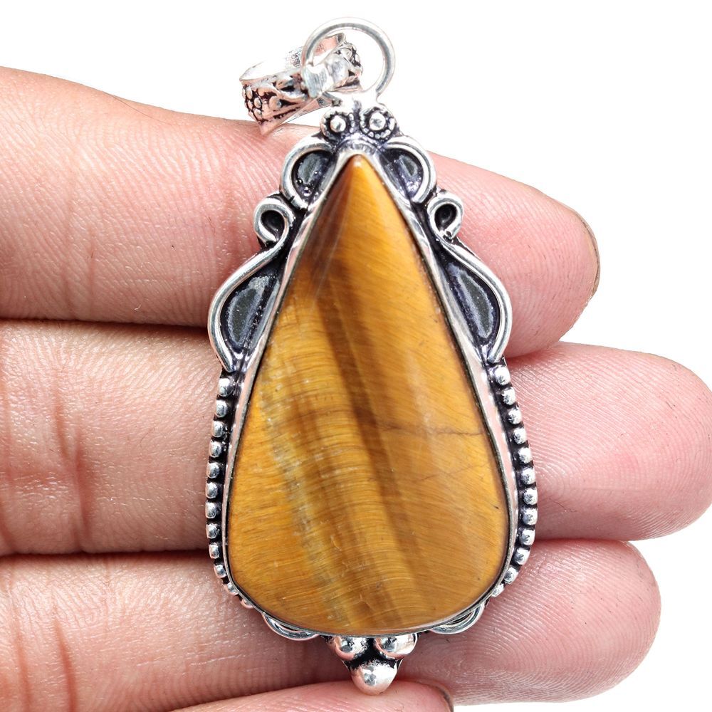 Tiger's Eye Gemstone Silver Pendant Jewelry Gift For Her 2.5 Inch