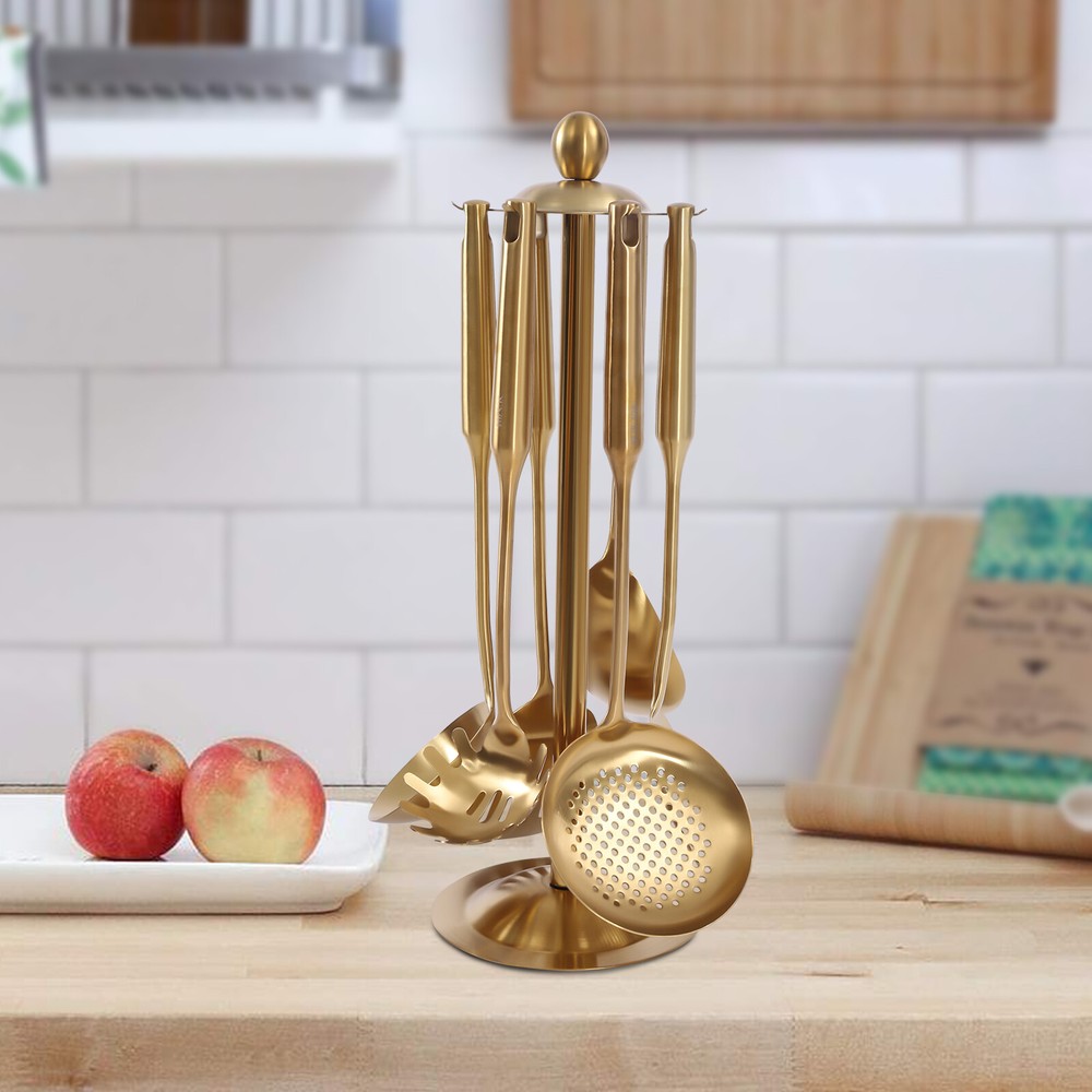 Gold Kitchen Utensils Set with Stand – 7 Piece 304 Stainless Steel Cooking Tool