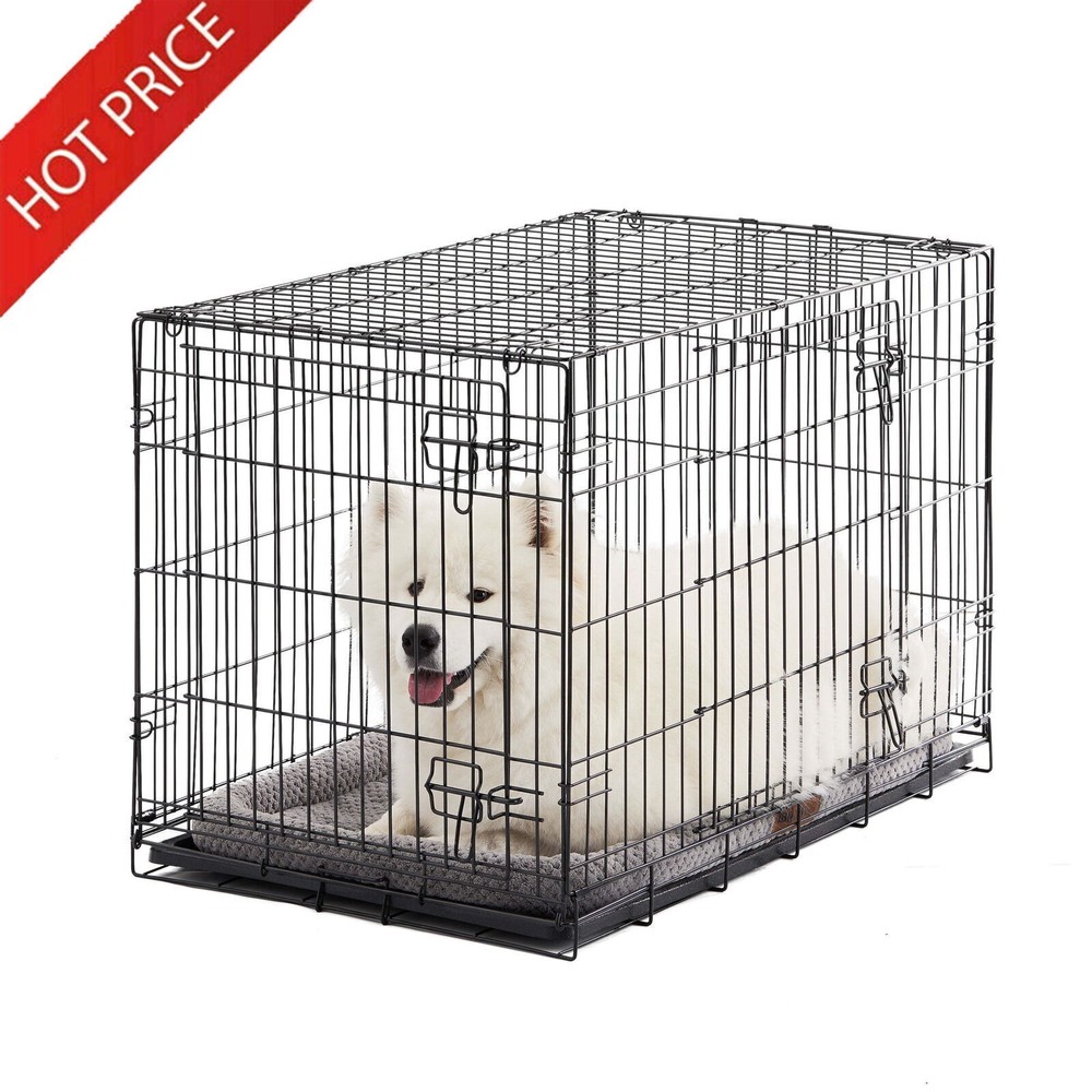 36in Black Double Door Foldable Dog Crate with Leak-Proof Pan & Divider-image