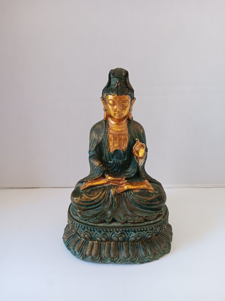 9-Inch Green and Gold Buddha Statue for Home Decor and Meditation