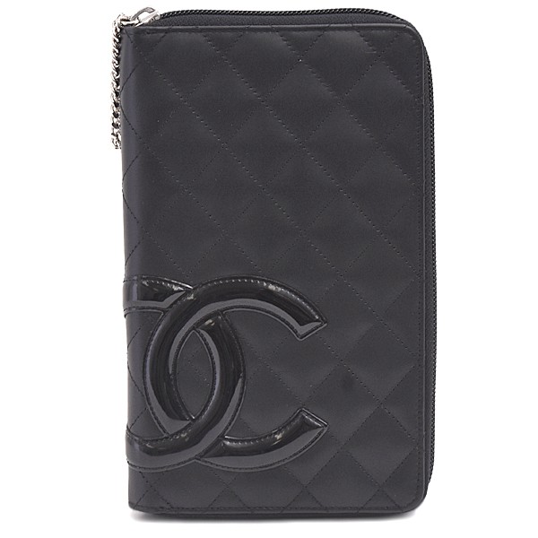CHANEL Cambon Line Coco Mark Round Zipper Leather Wallet Black 250652