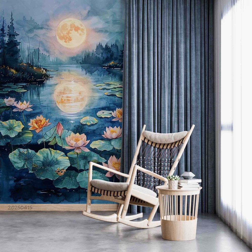 3D Lotus Moon Illustration Wall Murals Wallpaper Murals Wall Sticker