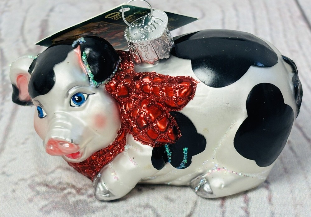 OWC Old World Christmas Black & White Country Piggy Glass Christmas Ornament